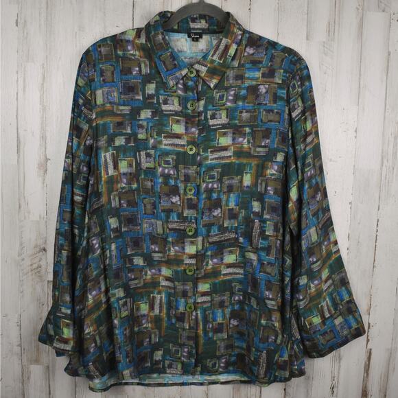 Shana boho artsy abstract back print button up shirt top size large w/ pockets - Picture 1 of 9